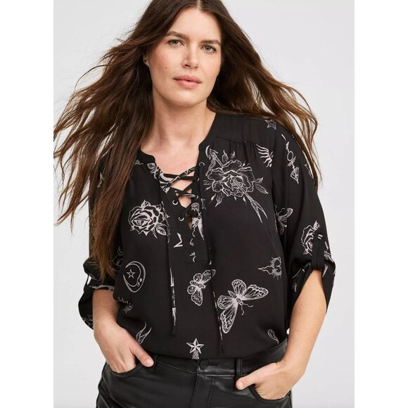 Torrid Harper Womens Plus 5X Black Tattoo Print Lace Up Blouse Roll Tab Sleeve - Picture 2 of 13
